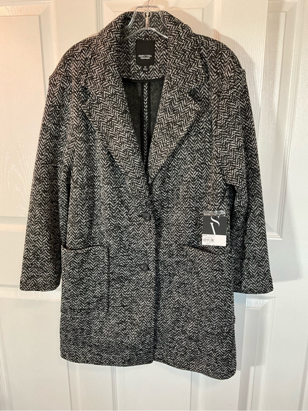 Simply Vera Vera Wang Black & White Herringbone Pea Coat with Notch Lapels NWT